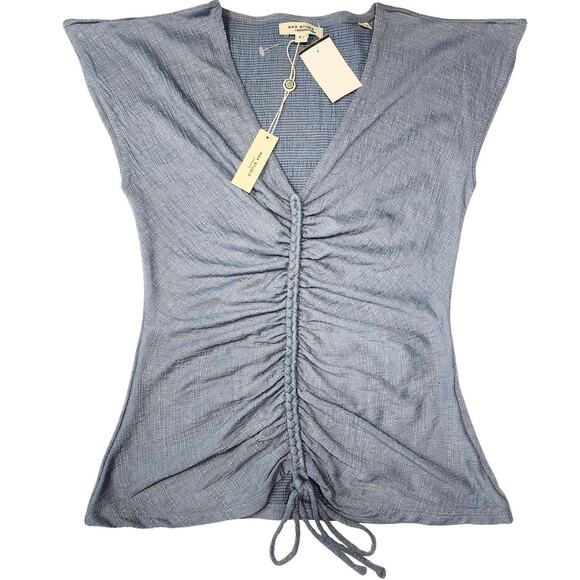Max Studio Women's Ruched V-Neck Cap Sleeve Top Blue Textured Knit XS NWT - Picture 2 of 7